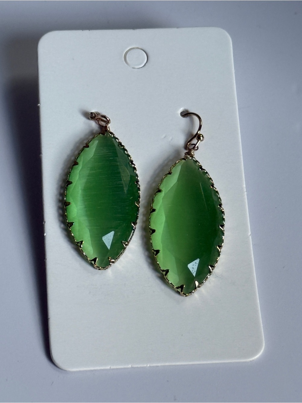 Art Deco Light Green Cats Eye Glass Marquise Dangle Hook Earrings